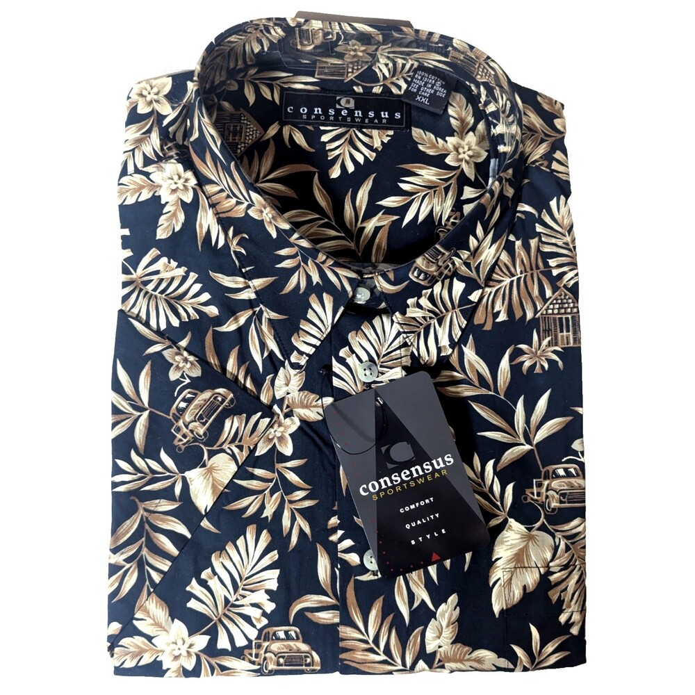 NWT Vintage Consensus Sportswear XXL Men's Hawaiian Shirt Black Gold Truck Y2K